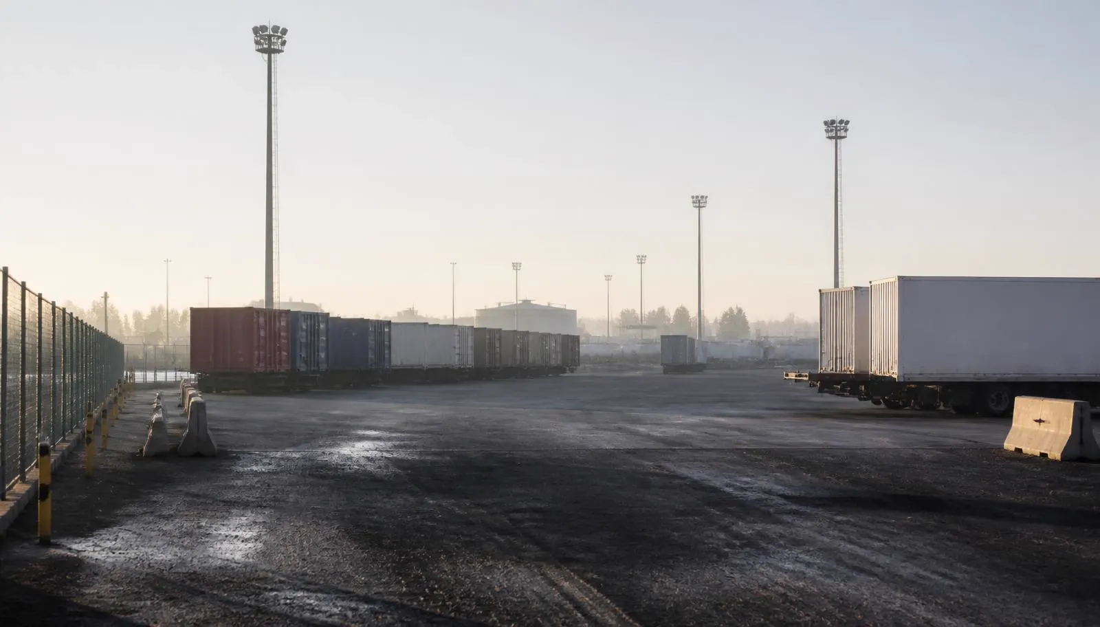 Logistikgelände mit Trailern und Containern hinter einem Zaun
