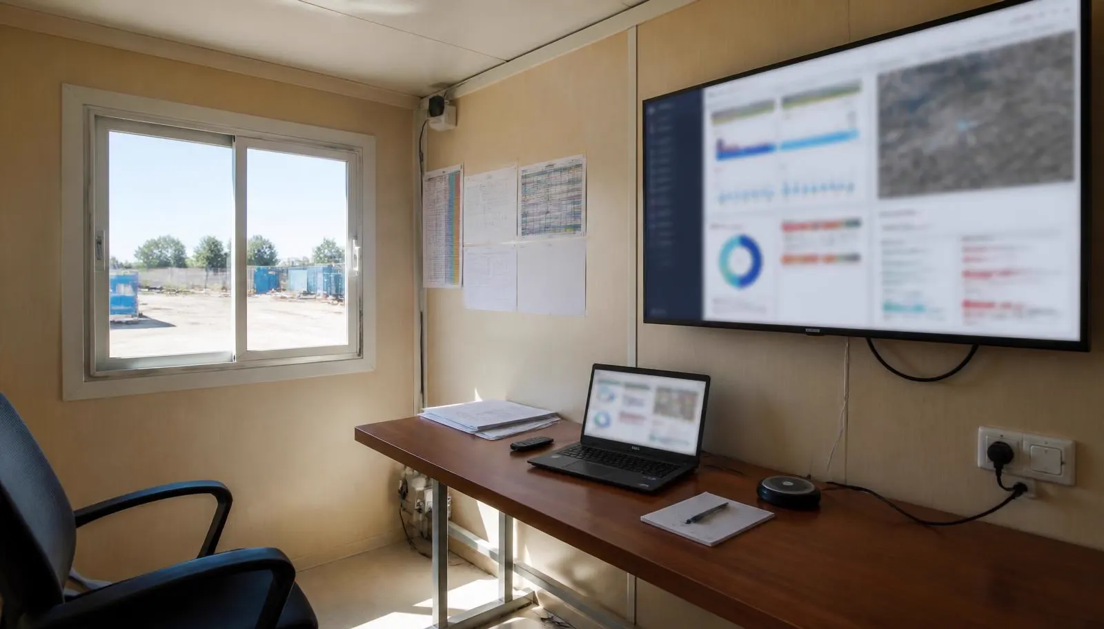 Baucontainer mit Laptop und großem Bildschirm mit Übersichten